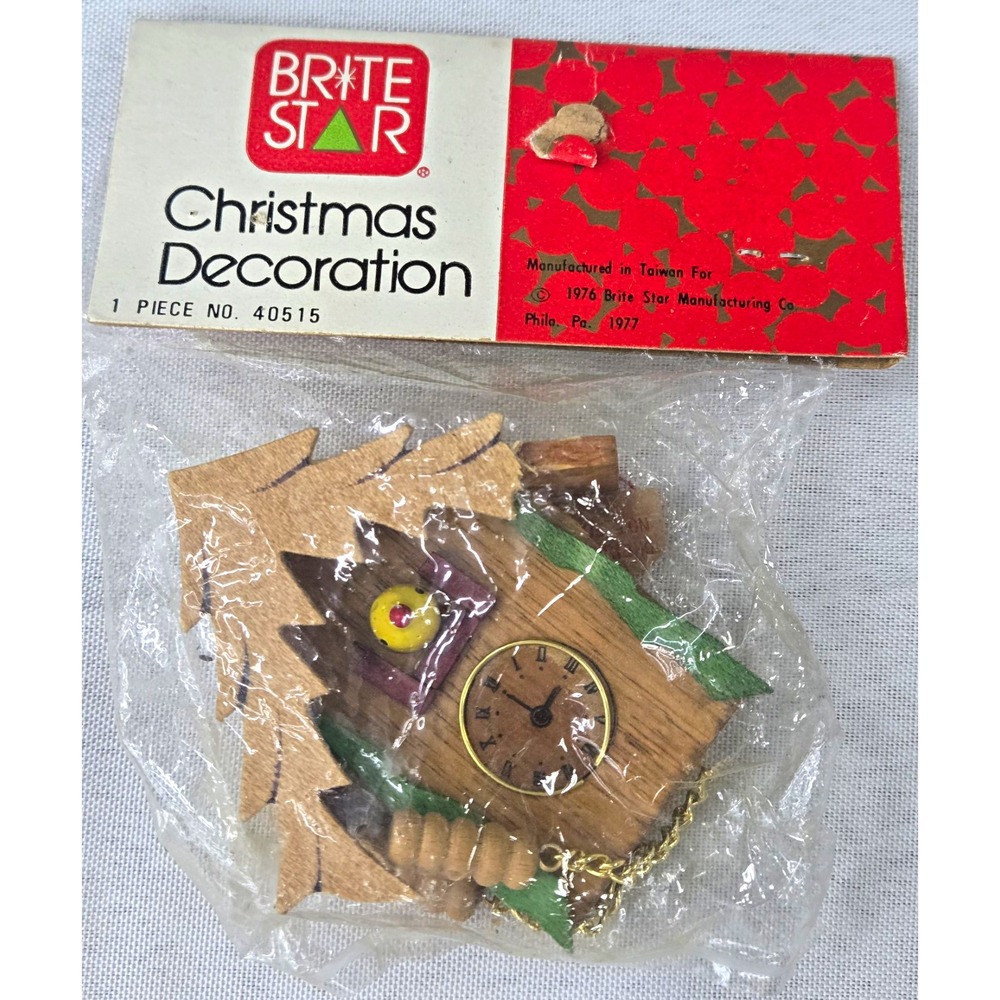 Vtg 1976 1977 Brite Star Wooden Cuckoo Clock Christmas Ornament New Sealed 40515